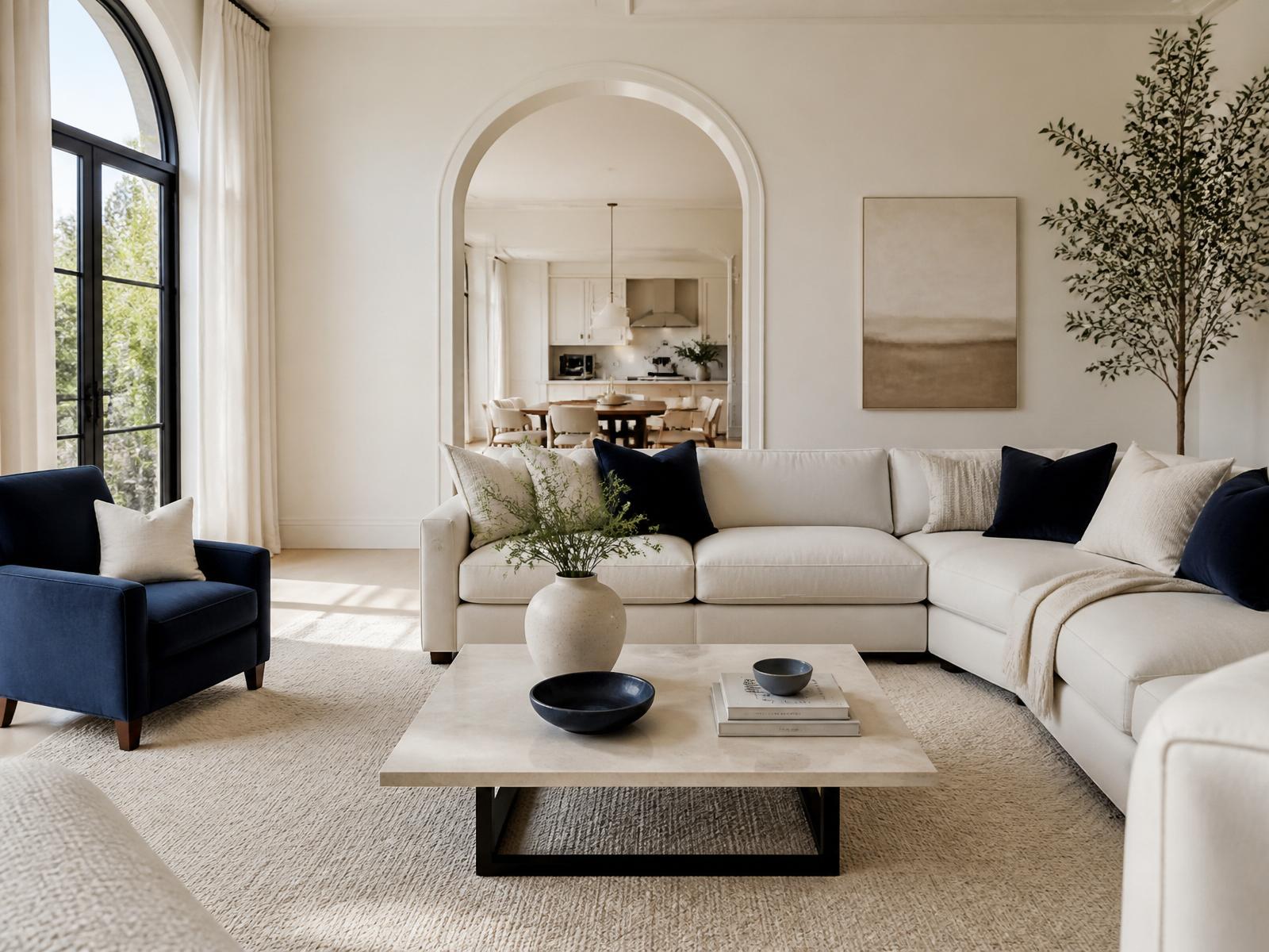 Bright, immaculately clean modern Perth living room with navy and off-white styling